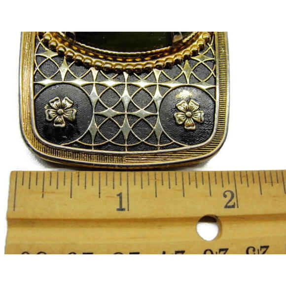South Western Green Stone Black & Gold Tone Overlay Detailed Flower Belt Buckle - Picture 8 of 11